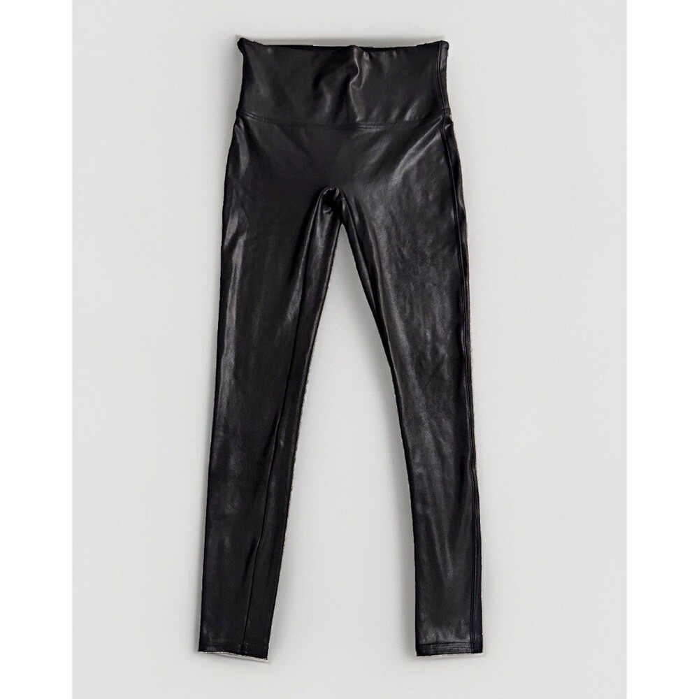 SPANX Black Faux Leather High Rise Ankle Leggings Elastic Waist L 28in
